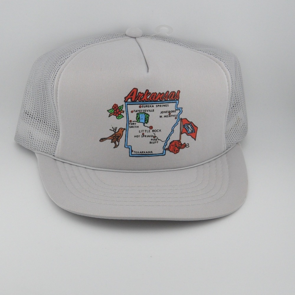Headwear‎ Arkansas Map Trucker Hat OSFA Grey Excellent Vintage Snapback Mesh